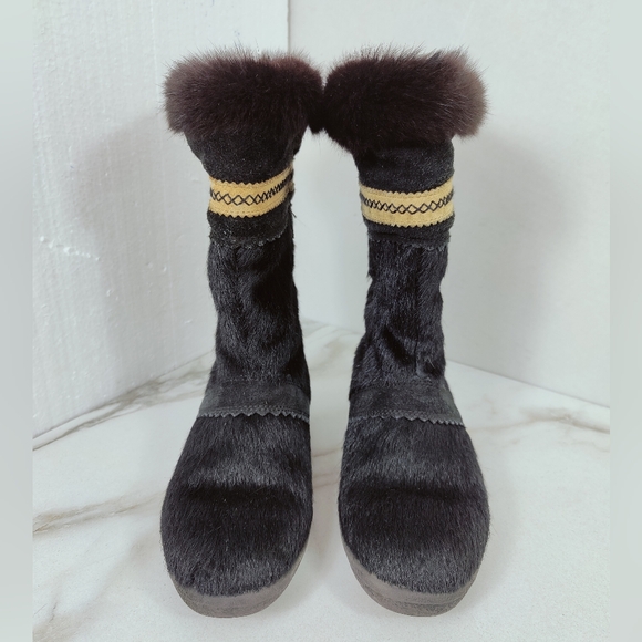 VTG Tecnica Black Goat Fur Aztec Style Trim Apres Ski Winter Snow Boots, 6 - Picture 4 of 8